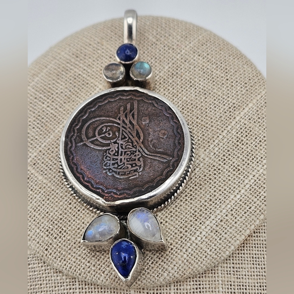 925 Silver Pendant Ottoman coin medallion w semi-precious stones Sterling Silver